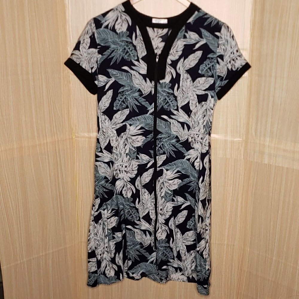 Ekouaer Womens Blue Floral Full Zip Short Sleeve Midi Dress Small